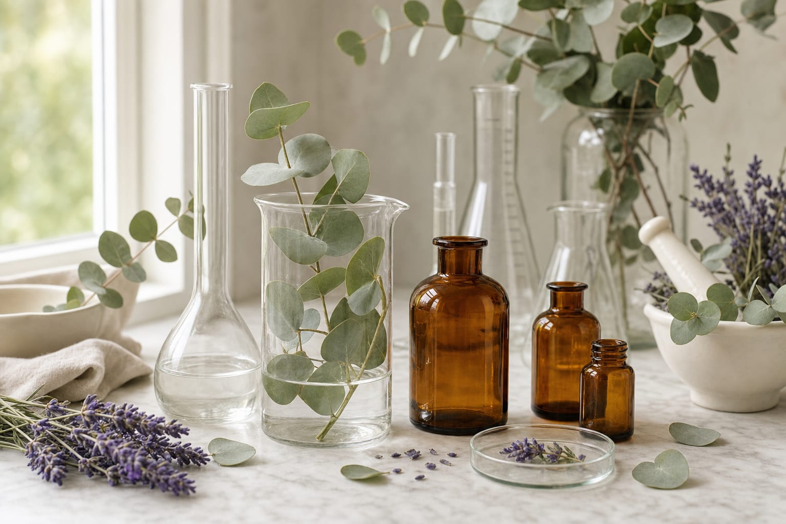 Glassware and botanicals in the laboratory