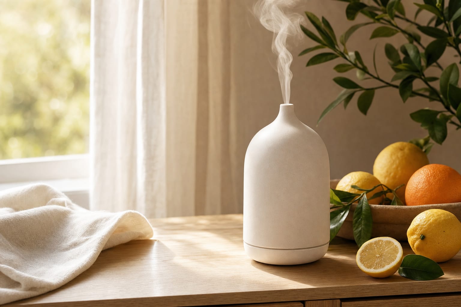 Aroma diffuser beside botanical ingredients in warm light