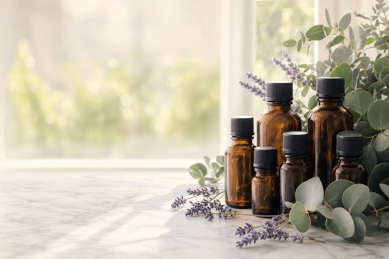Essential oils and botanicals in natural light